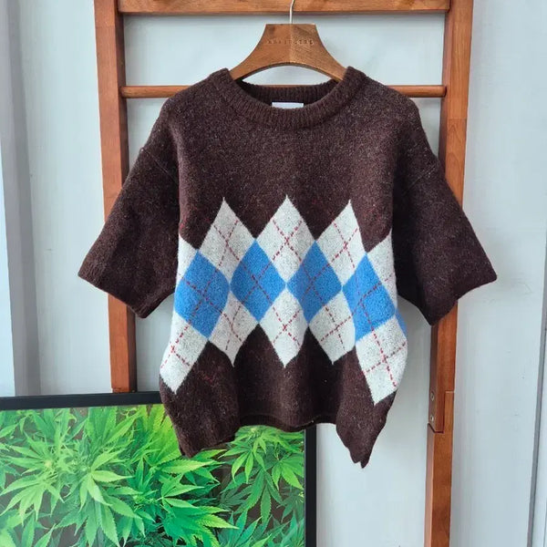 [BUNJANG] Argyle Pattern Round Neck Knit Brown / (새상품) 아가일 패턴 라운드 니트 브라운
