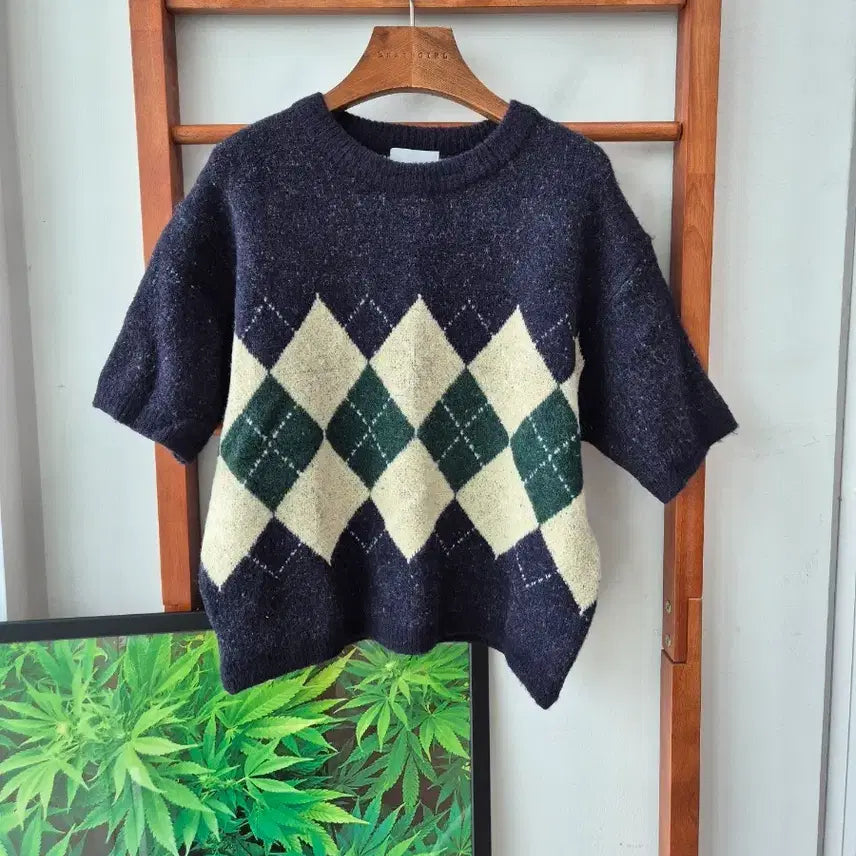 [BUNJANG] Argyle Pattern Round Neck Knit Navy / (새상품) 아가일 패턴 라운드 니트 네이비
