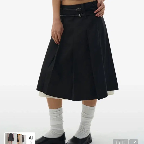 [BUNJANG] PLACE STUDIO Low-Rise Detachable Pleated Double Layered Midi Skirt / 플레이스 스튜디오 로우라이즈 탈부착 플리츠 더블 레이어드 미디스커트
