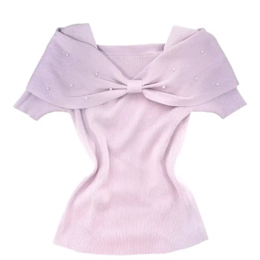 [BUNJANG] Ribbon Pearl Ribbed Short Sleeve Knit - Lavender / 잉그니 라벤더 리본 진주 골지 반팔 니트 히메갸루 연보라 스나계 양지뢰 로걀탑