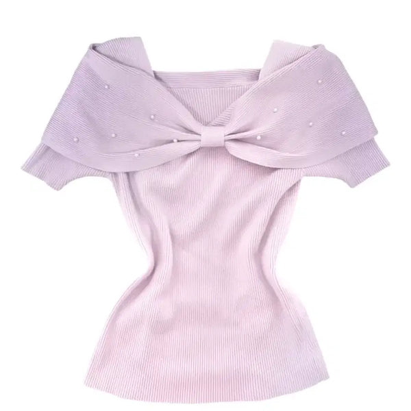 [BUNJANG] Ribbon Pearl Ribbed Short Sleeve Knit - Lavender / 잉그니 라벤더 리본 진주 골지 반팔 니트 히메갸루 연보라 스나계 양지뢰 로걀탑