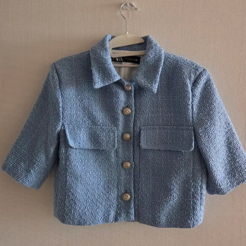 [BUNJANG] Zara Tweed Cropped Jacket Blue / 자라 트위드 크롭 자켓 블루