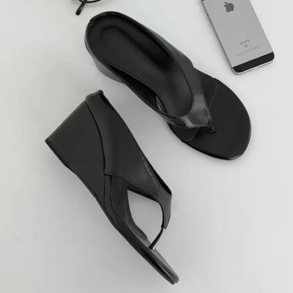 [BUNJANG] 8cm Wedge Heel Leather Thong Sandals / 키높이 레더 쪼리 웨지힐 샌들(8cm)