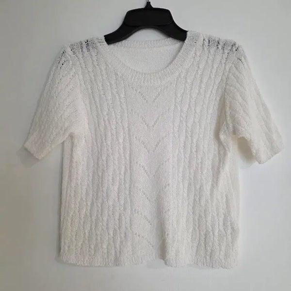[BUNJANG] NAIN White Cable Knit Short Sleeve T-Shirt / 나인 흰색 케이블 니트 반팔