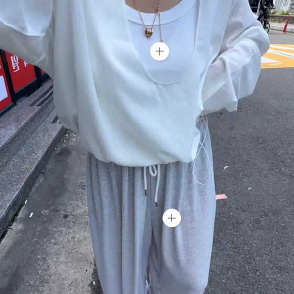 [BUNJANG] Deep V-Neck Blouse with Sleeveless Top Layer Set / 딥브이블라우스