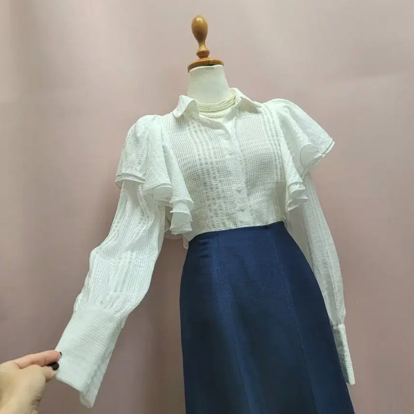 [BUNJANG] Double Frill Check Collar Blouse / 이중프릴 체크 카라 블라우스