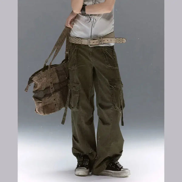[BUNJANG] CEST NOUS Double Waist Multi-Pocket Straight Leg Casual Cargo Pants / CEST NOUS 팬츠 바지 더블 웨이스트 멀티 포켓 스트레이트 레그 캐주얼 카고 팬츠