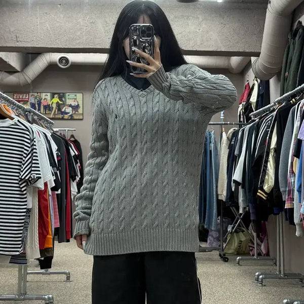[BUNJANG] Polo Ralph Lauren Cable V-Neck Knit Sweater / 폴로 랄프로렌 케이블 브이넥 니트 스웨터 S196