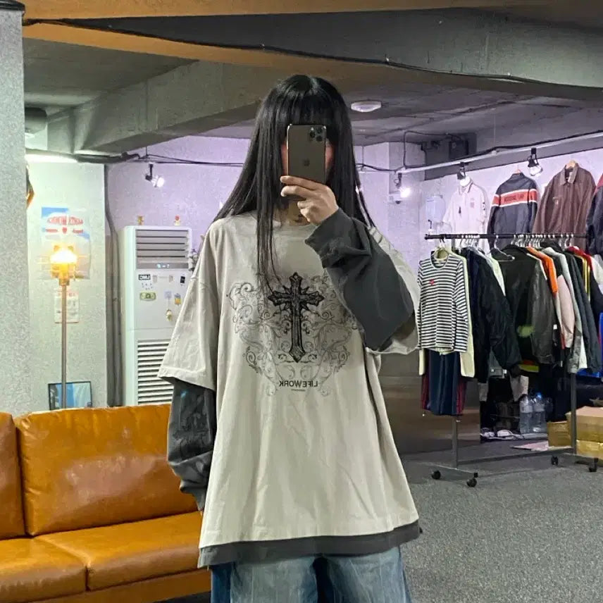 [BUNJANG] Life Work Vintage Chrome Layered T-Shirt / 라이프워크 빈티지 크롬 레이어드 티셔츠 B5676
