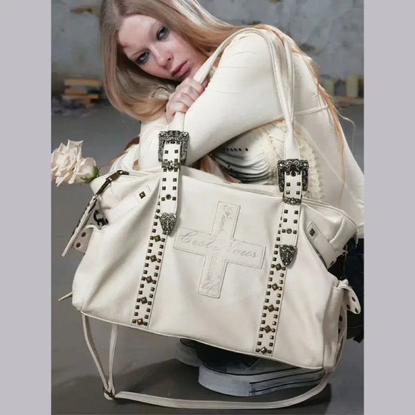 [BUNJANG] CEST NOUS Dark Textured Leather Cross Stud Biker Bag (White) / CEST NOUS 가방 다크 텍스처 가죽 크로스 스터드 바이커백 대용량 가방 (화이트)
