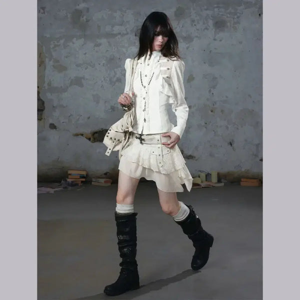 [BUNJANG] CEST NOUS Romantic Lace Chiffon Blouse (White) / CEST NOUS 블라우스 셔츠 로맨틱 레이스 셔츠 러플 시폰 블라우스 (화이트)