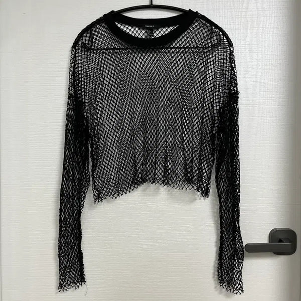 [BUNJANG] FOREVER21 Black Mesh Long Sleeve Crop T-Shirt / [FOREVER21] L | 블랙 망사 넷 메쉬 긴팔 크롭 티셔츠
