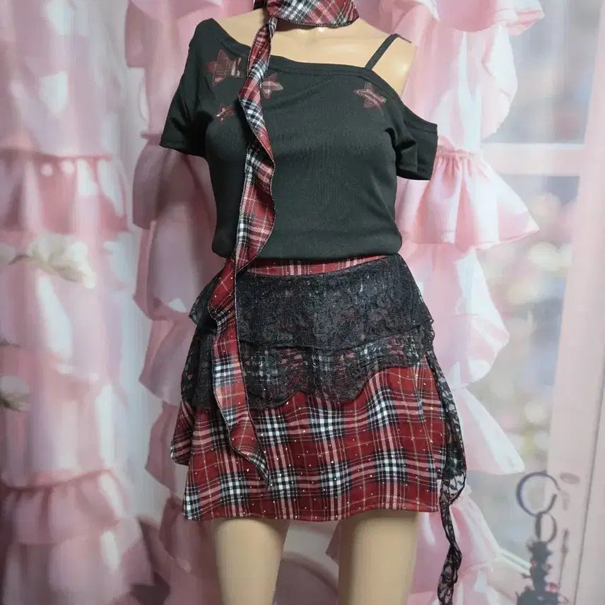 [BUNJANG] Gothic Punk One-Shoulder Tartan Check Set-up / 택없는 새상품 고딕 펑크 원숄더 타탄체크 셋업