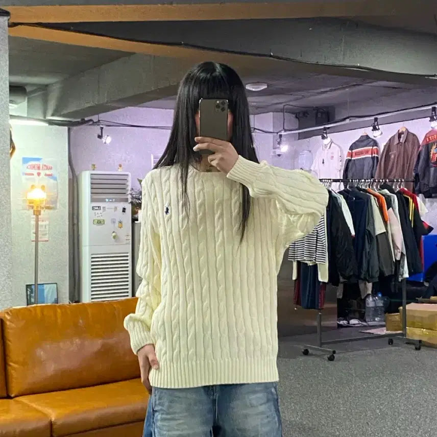 [BUNJANG] Polo Ralph Lauren Pima Cotton Ivory Cable Knit Sweater / 폴로랄프로렌 포니로고 피마코튼 아이보리 케이블 니트 B5679