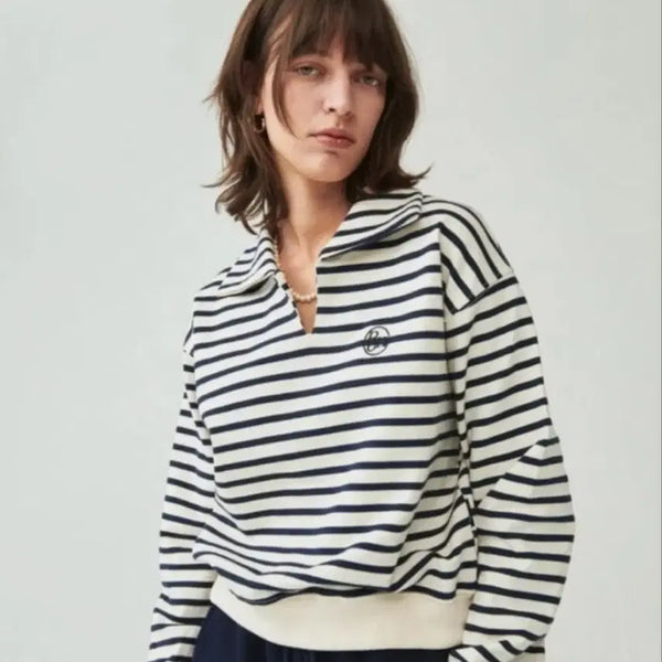 [BUNJANG] Lon Lon Stripe Collar Sweatshirt T-Shirt / 론론 스트라이프 카라 맨투맨 스웻셔츠 티셔츠