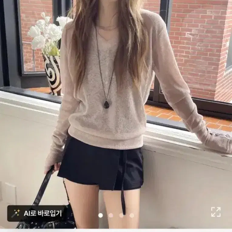 [BUNJANG] V-Neck Short Sleeve Loose Fit See-Through Linen Knit Black / (새)소매 버튼 브이넥 루즈핏 시스루 린넨 니트 블랙