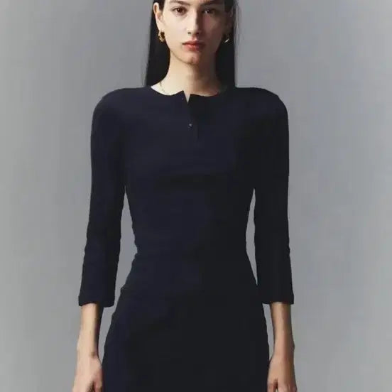 [BUNJANG] Glony 3/4 Button Fly Henleys Slim Mini Dress Navy / 글로니 3/4 버튼 플라이 헨리넥 슬림 미니 원피스 네이비