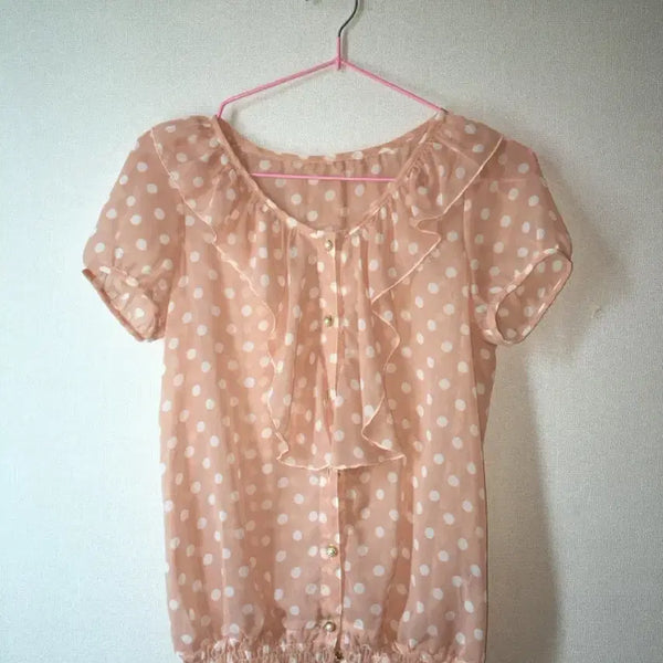 [BUNJANG] Lovely Dot Pink Mori Blouse / 도트 핑크 러블리 빈티지 모리 블라우스