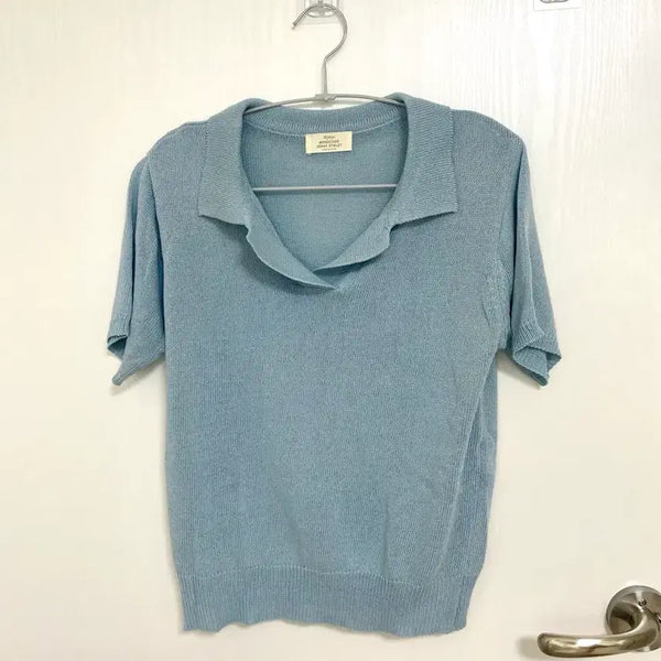 [BUNJANG] Short Sleeve Knit Sky Blue / 반팔 니트 하늘색