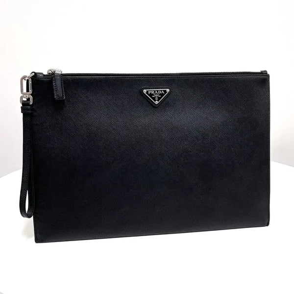 [BUNJANG] Prada Saffiano Triangle Logo Strap Clutch Bag Black (2NH001) / 프라다 사피아노 삼각로고 스트랩 클러치백 블랙 (2NH001)