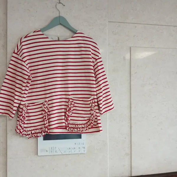 [BUNJANG] 2nd Floor Striped Ruffle Pocket T-Shirt / 세컨플로어 단가라 프릴 주머니 티 여성