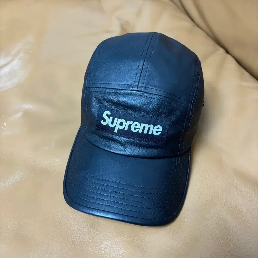 [BUNJANG] Supreme 21SS Box Logo Leather Camp Cap Black / 슈프림 캠프캡 모자 박스로고 레더 블랙 21SS