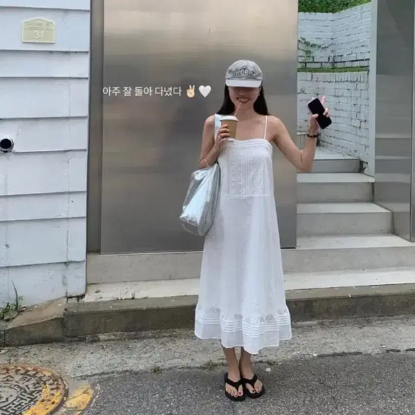 [BUNJANG] TANATT Pintuck Slip Long Dress White / 타낫 핀턱 슬립 롱 원피스 새상품 수린 화이트 휴양지 레이스 나시 슬리브리스