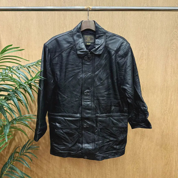 [BUNJANG] Vintage Club Leather Half Coat Jacket Wide Collar Black / 빈티지클럽 레더 하프코트 자켓 와이드 카라 버튼 클로징 디테일 블랙