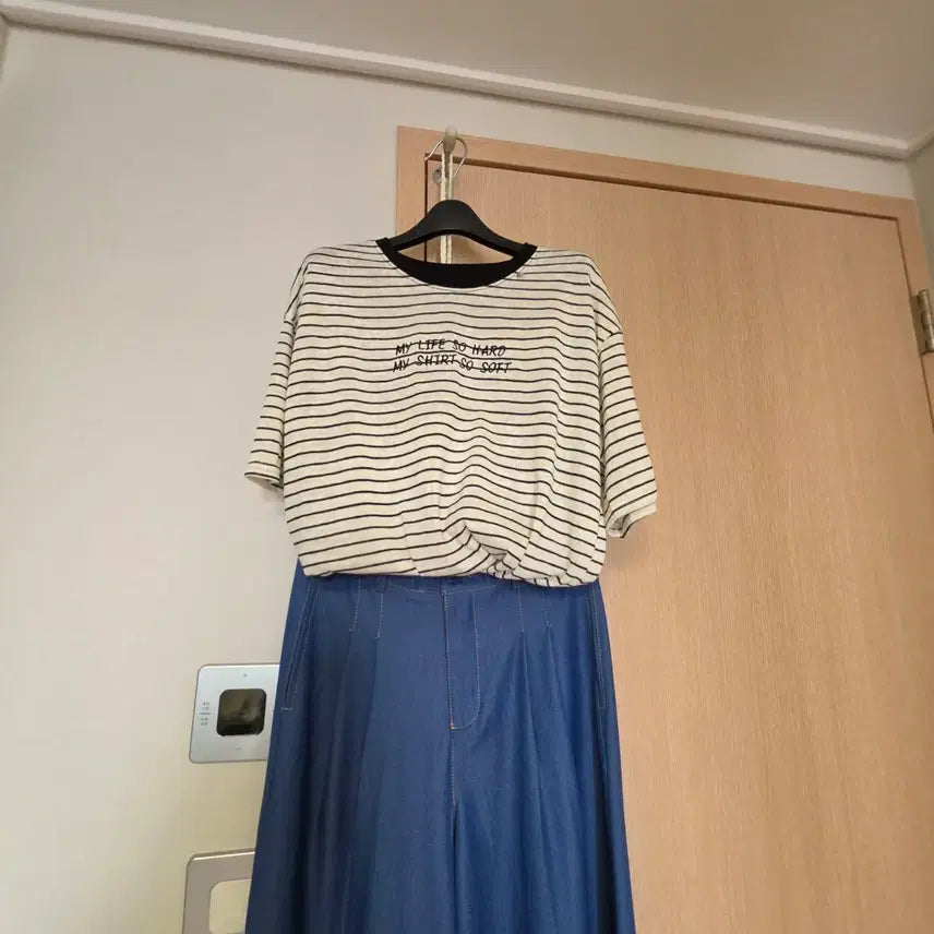 [BUNJANG] Striped Linen Short Sleeve T-Shirt / 단가라 반팔티셔츠 린넨티셔츠