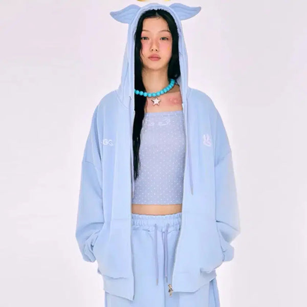 [BUNJANG] YEGG Wing Hoodie Zip-up Set-up Sky Blue / YEGG 예그 윙 날개 후드집업 skyblue 하늘색 셋업