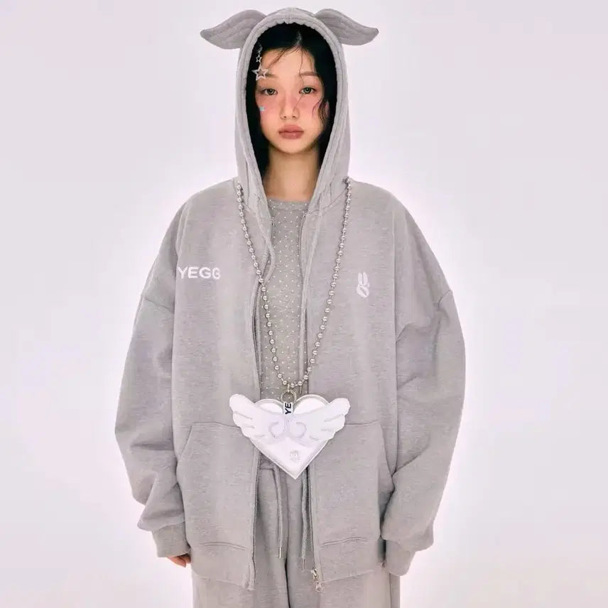 [BUNJANG] YEGG Wing Hoodie Zip-Up Grey Set-Up / YEGG 예그 윙 날개 후드집업 그레이 셋업
