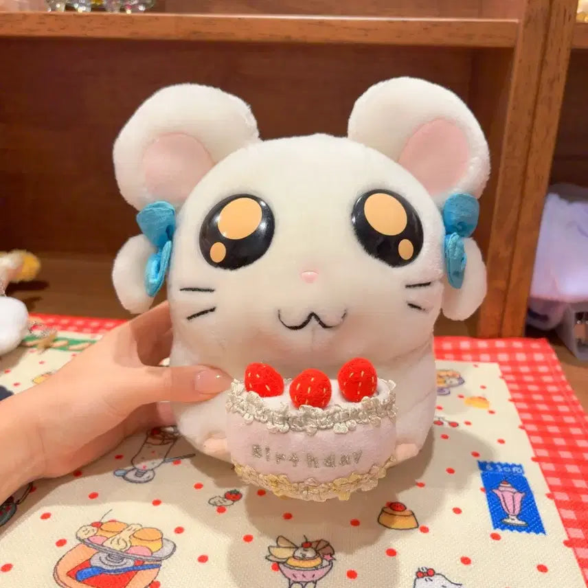[BUNJANG] Classic Hamtaro Strawberry Cake Dessert Plush Doll / 고전 방가방가 햄토리 햄스터 리본 딸기 케이크 디저트 인형
