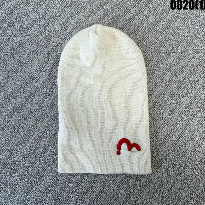 [BUNJANG] Evisu Beanie Hat Ivory Red Logo / 에비수 비니 모자 아이보리색 빨간색 로고