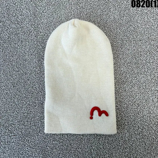 [BUNJANG] Evisu Beanie Hat Ivory Red Logo / 에비수 비니 모자 아이보리색 빨간색 로고