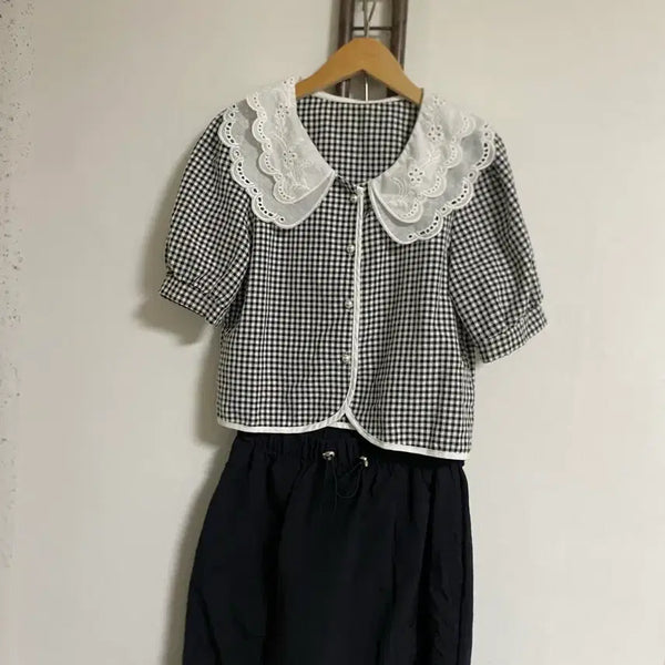 [BUNJANG] Check Lace Collar Blouse Free Size / 체크 레이스카라 블라우스 프리