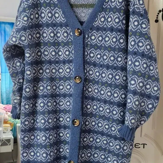 [BUNJANG] Check Pattern Long Cardigan Blue / 체크 패턴 롱 가디건 블루