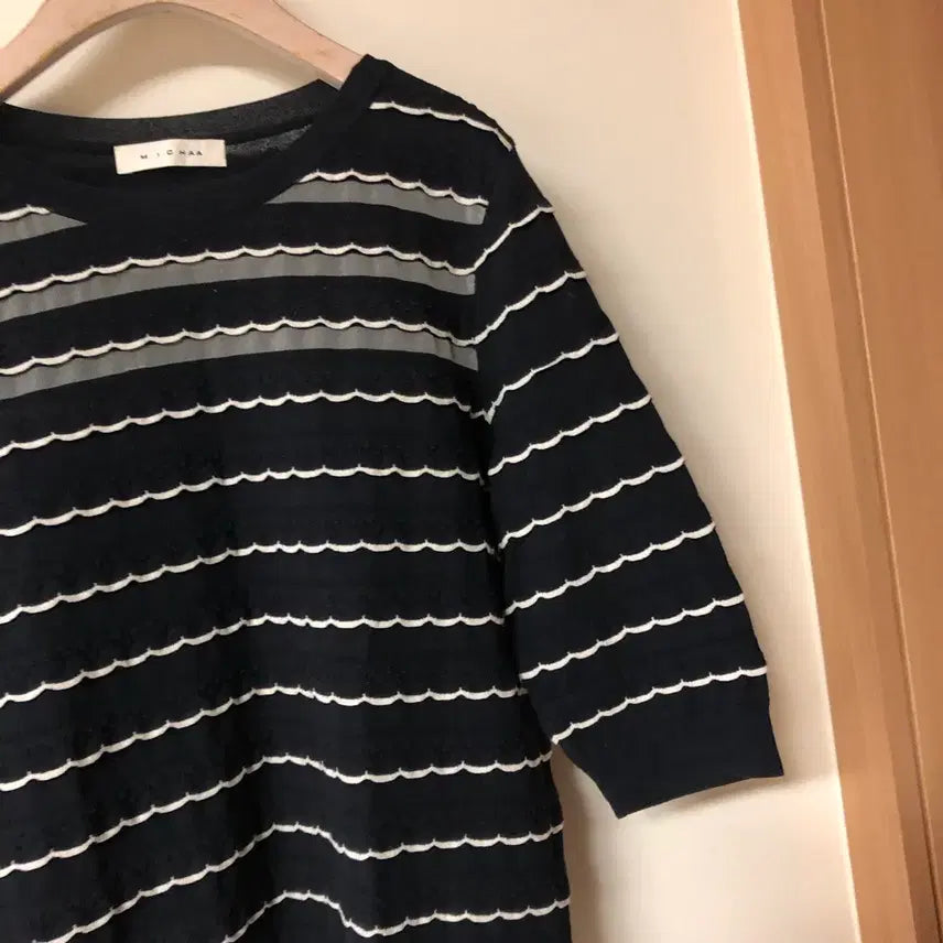[BUNJANG] MICHAA Sheer Wave Short Sleeve 5-Part Knit Top / 미샤 MICHAA 부분 시스루 물결 반팔 5부 니트 여름 가을
