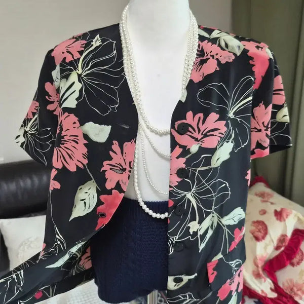 [BUNJANG] Stylish Color-Blocked Loose Fit Flower Jacket / [특가] 세련 플라워 루즈핏 자켓