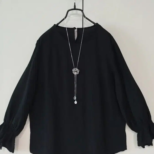 [BUNJANG] Black Rayon Blend Long Sleeve Blouse with Back Button and Banded Cuffs / 미착용 새옷 55 66 블랙 인견 혼방 목뒤 단추 밴딩 긴팔 블라우스