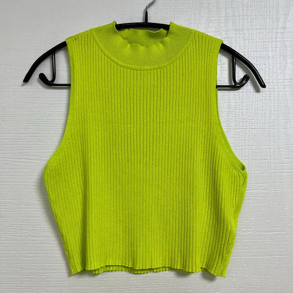 [BUNJANG] H&M Lime Ribbed Knit Cropped Sleeveless Top / [H&M] M | 라임 형광 골지 크롭 민소매 니트
