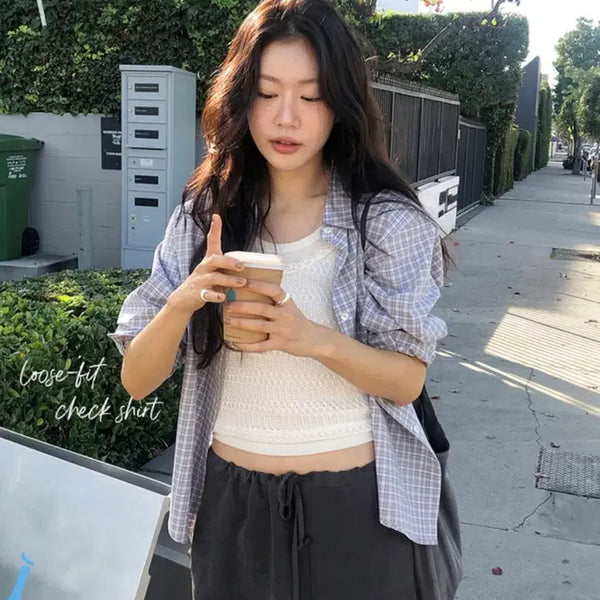 [BUNJANG] Underbee Bau Loose Fit Checkered Shirt Powder Blue / 언더비 체크셔츠 새상품