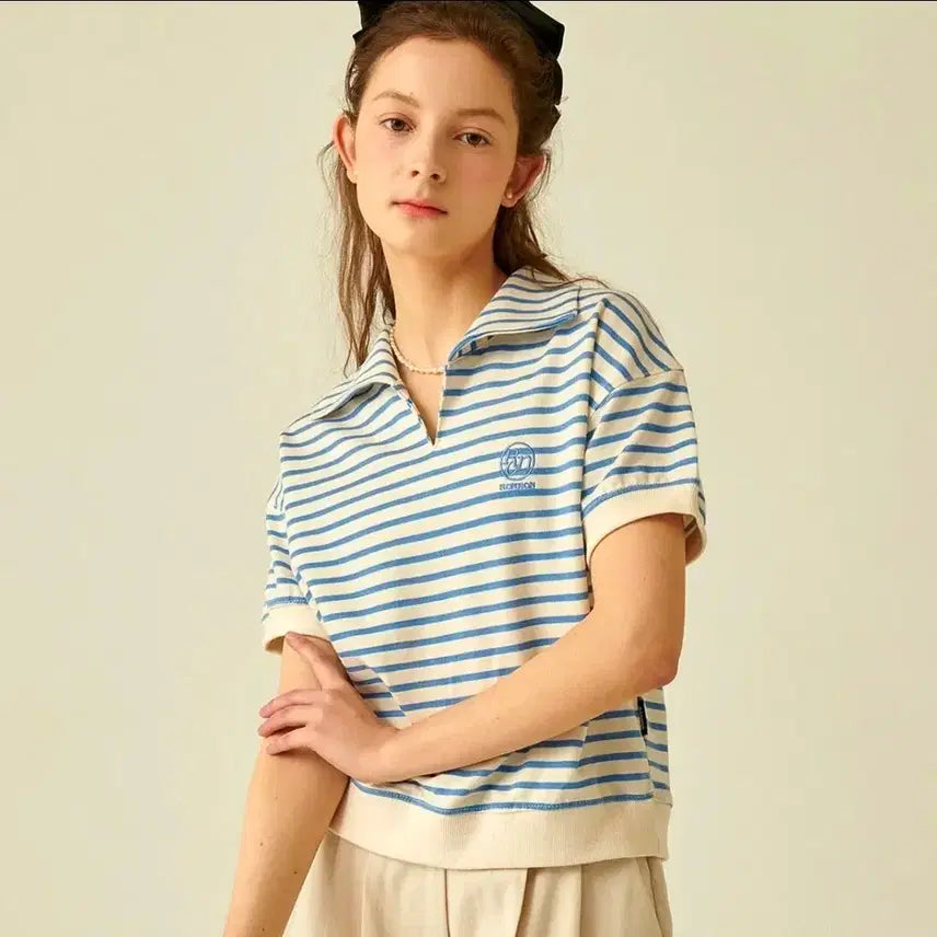 [BUNJANG] RonRon Striped Collar T-Shirt / 론론 스트라이프 카라 티셔츠