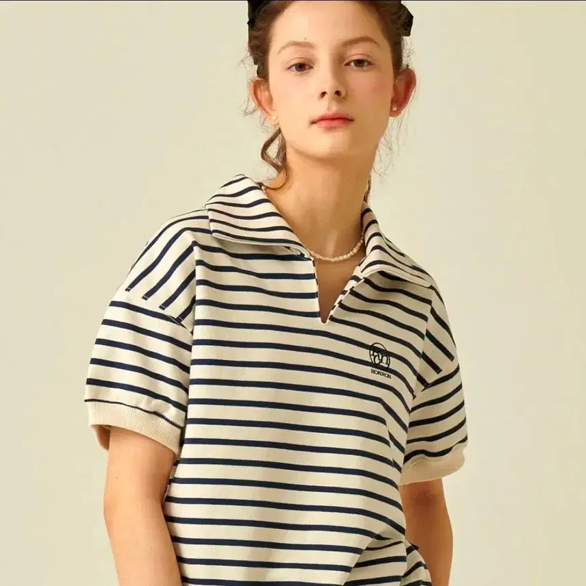 [BUNJANG] Ronron Stripe Collar Short-Sleeve T-Shirt / 론론 스트라이프 카라 반팔 티셔츠