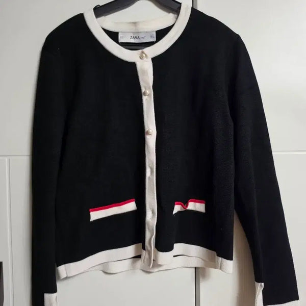 [BUNJANG] Zara Knit Cardigan Black White Color Block Pearl Button M / 자라 니트 가디건 블랙 화이트 배색  M