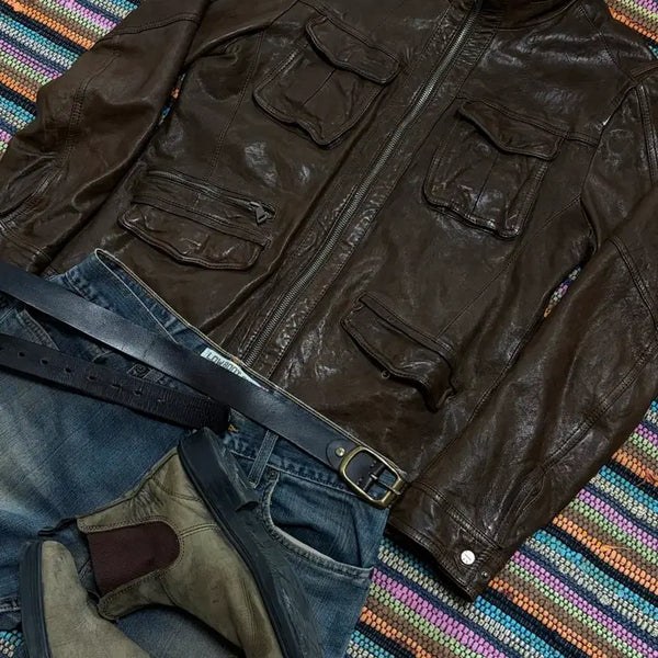 [BUNJANG] ZIOZIA Lambskin Leather Rider Jacket / 105) 지오지아 램스킨 멀티포켓 양가죽 바이크 라이더 레더 자켓