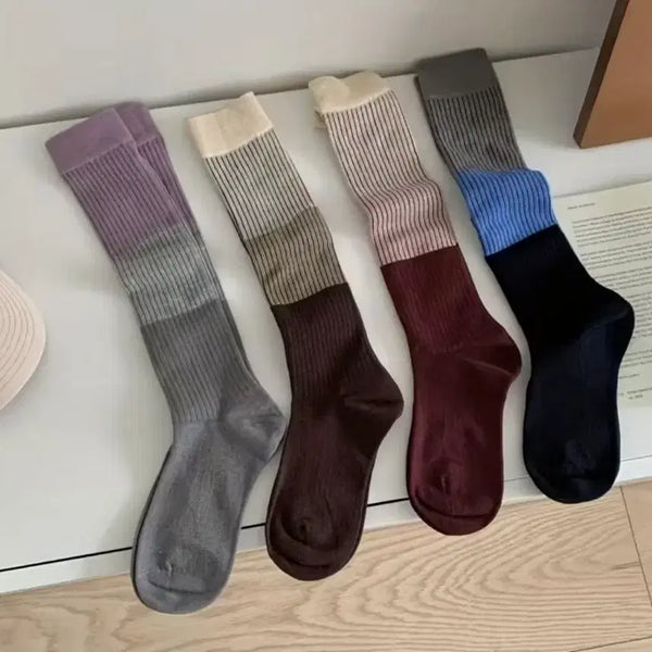 [BUNJANG] Striped Color Block Socks Set (4 Pairs) / 색상 배색 줄무늬 양말 4종 세트(새상품)