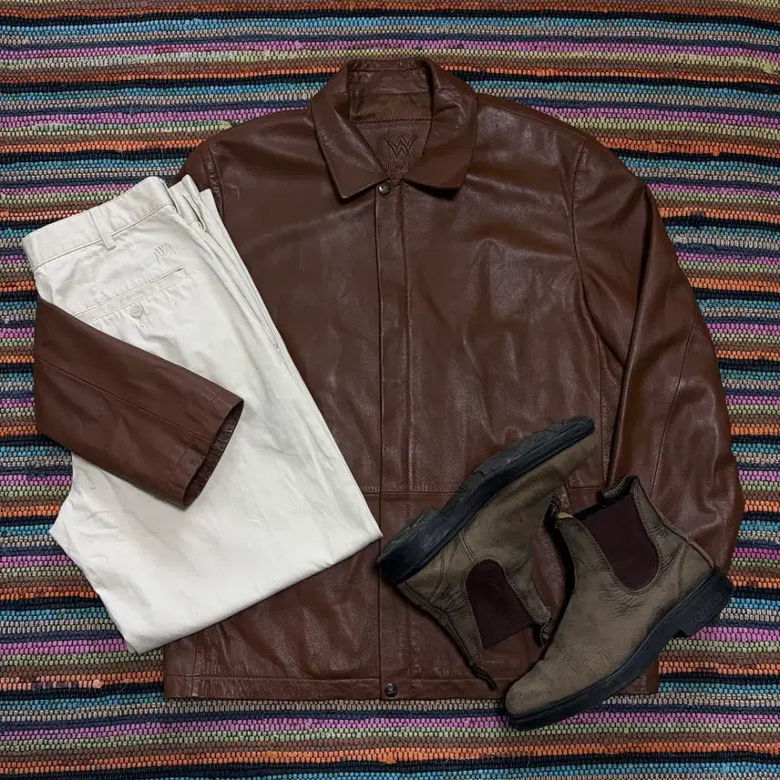 [BUNJANG] Vintage Lambskin Leather Car Coat Brown / 100-105) 빈티지 램스킨 양가죽 레더 카코트 브라운