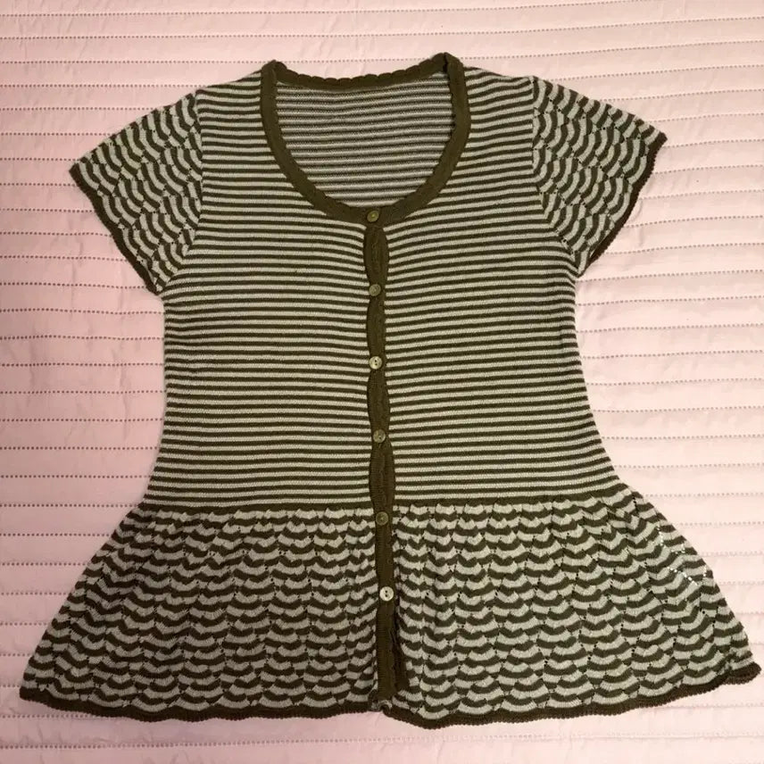 [BUNJANG] Morigirl Khaki Brown Knit Short Sleeve Layered Cardigan / 일본빈티지 모리걸 하구미 카키브라운 니트 반팔 레이어드
