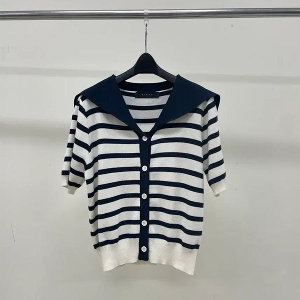 [BUNJANG] KIENA Navy Ivory Stripe Collar Knit Tee / [KIENA] 네이비 아이보리 스트라이프 카라 니트 티 ( 55-66 추천)