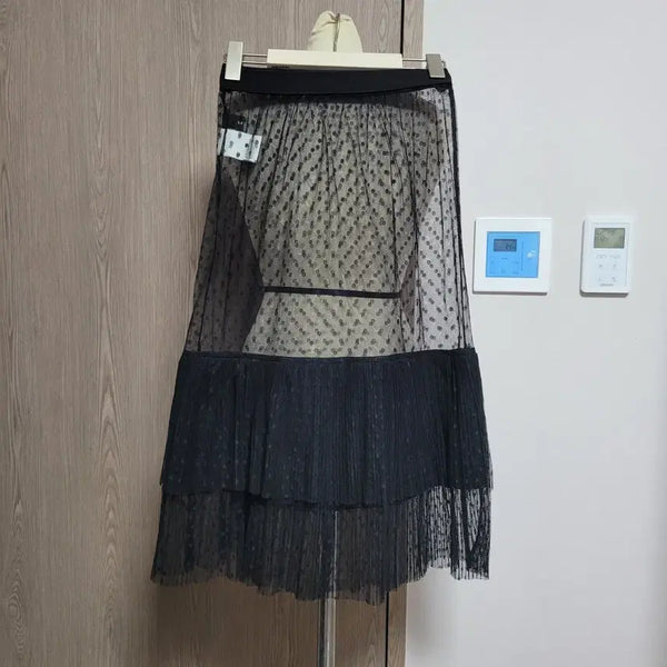 [BUNJANG] Shaatin Black Dot See-Through Long Skirt / 샤틴 블랙 도트 시스루 롱 스커트 밴딩